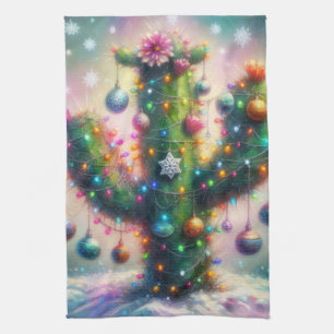 Christmas Saguaro Cactus Whimsical Snowflakes Tea Towel