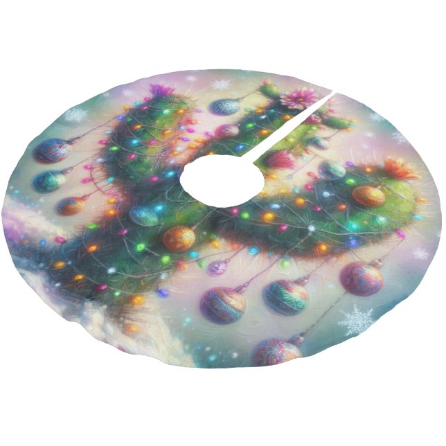 Christmas Saguaro Tree Cactus Whimsical Teal Pink Brushed Polyester Tree Skirt (Angled)
