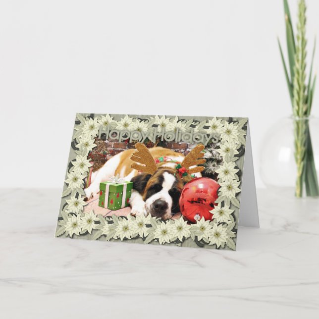 Christmas - Saint Bernard - Blue Holiday Card (Front)