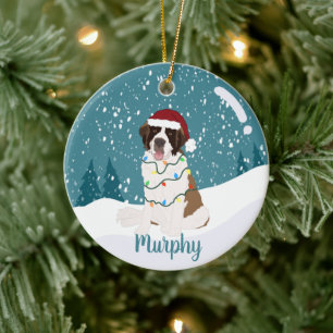 Christmas Saint Bernard  Ceramic Ornament
