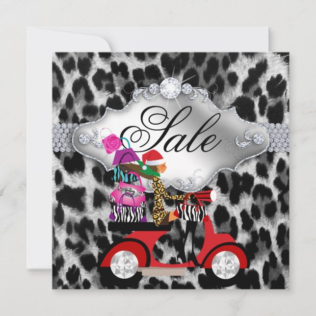 Christmas Sale Party Invite Leopard White Black (Front)