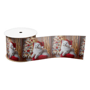 Christmas Samoyed Dog On a Red Chair Satin Ribbon