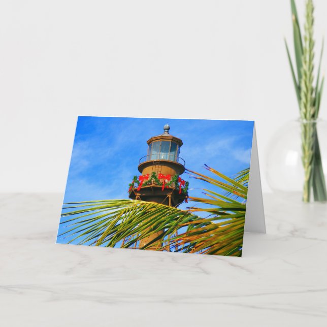 Christmas Sanibel Lighthouse with palm tree Holiday Card (Front)