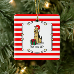 Christmas Santa Airedale Terrier HO HO HO Cute Ceramic Ornament