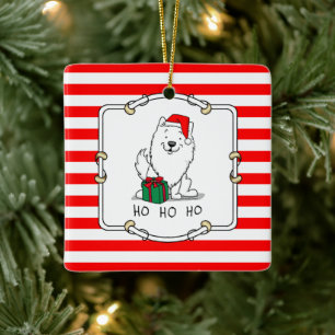 Christmas Santa American Eskimo Dog HO HO HO Cute Ceramic Ornament