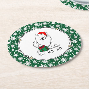 Christmas Santa American Eskimo Dog HO HO HO Cute Round Paper Coaster