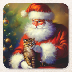 Christmas Santa and a Cat 1 Square Paper Coaster