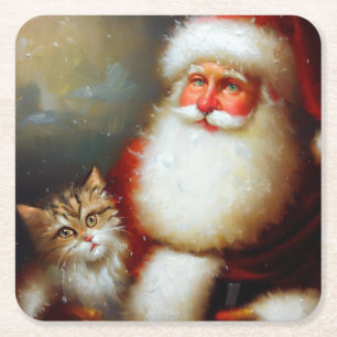 Christmas Santa and a Cat 2 Square Paper Coaster