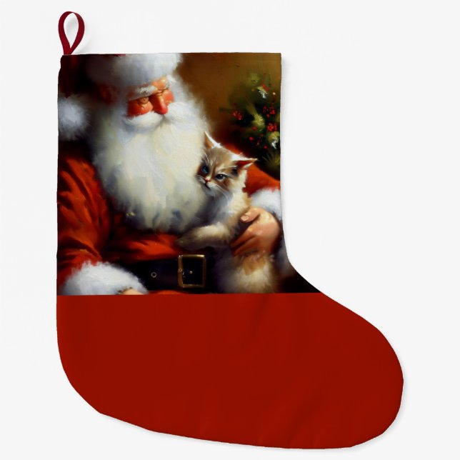 Christmas Santa and a Cat 3 Large Christmas Stocking (Front)