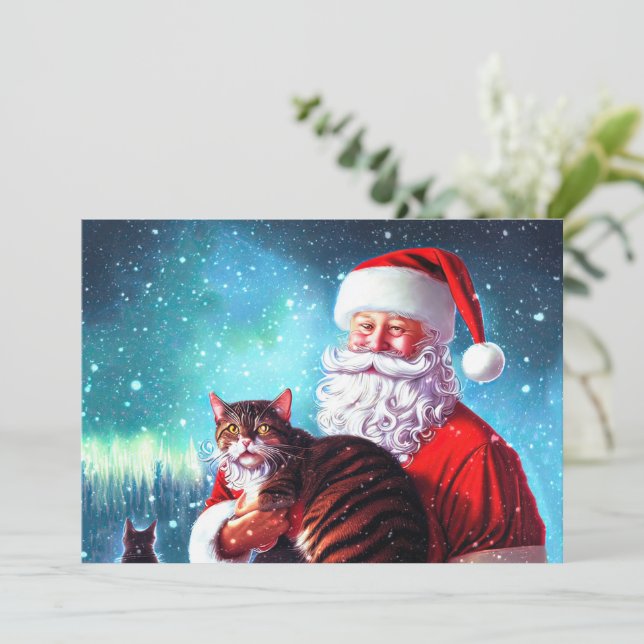 Christmas Santa and Cat Flat Note Card (Standing Front)