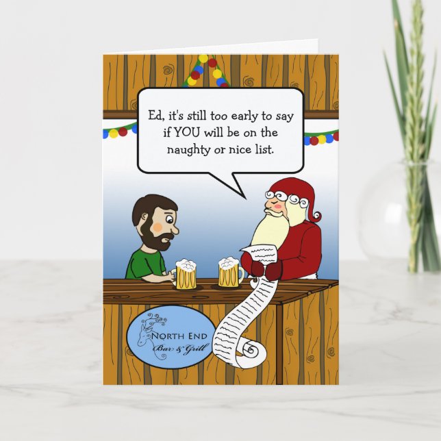 Christmas Santa and Guy at Bar Going Over List Card (Front)