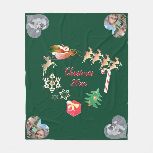 Christmas Santa and Reindeer 2 Photos   Fleece Blanket (Front)