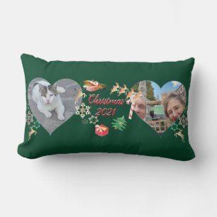 Christmas Santa and Reindeer 2 Photos Greeting Lumbar Cushion