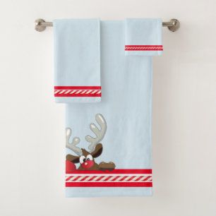 Christmas Santa and Reindeer, Blue White & Red Bath Towel Set