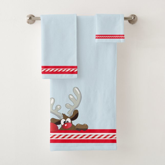 Christmas Santa and Reindeer, Blue White & Red Bath Towel Set (Insitu)