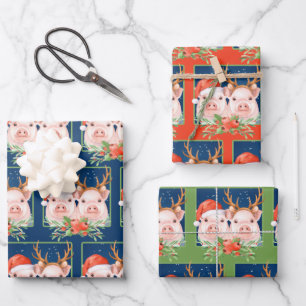 Christmas Santa And Reindeer Pigs Wrapping Paper Sheet