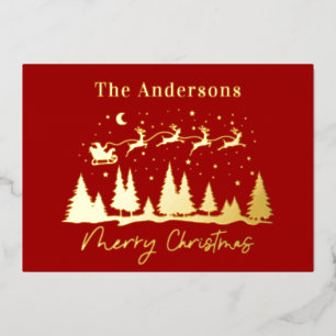 Christmas santa and reindeer sleigh  foil holiday card