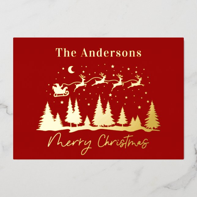 Christmas santa and reindeer sleigh  foil holiday card (Front)
