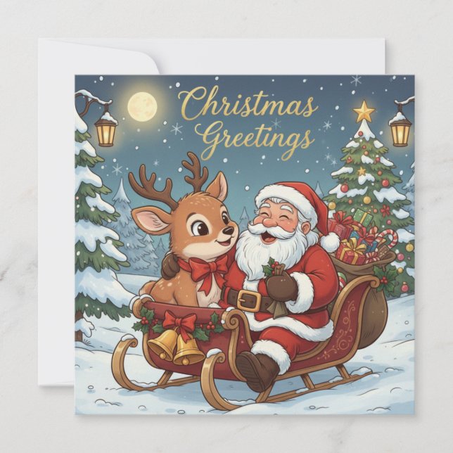 Christmas Santa and Reindeer Sleigh  Holiday Card (Front)