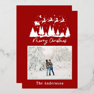 Christmas santa and reindeer sleigh photo foil holiday card