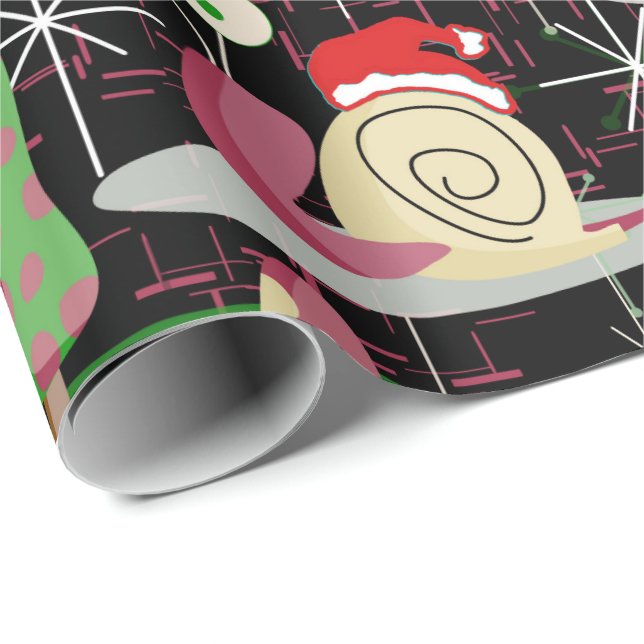 Christmas Santa Atomic Snails - MidCentury Modern Wrapping Paper (Roll Corner)