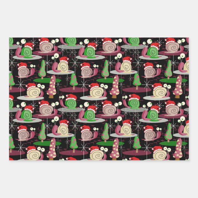 Christmas Santa Atomic Snails - MidCentury Modern Wrapping Paper Sheet (Front)