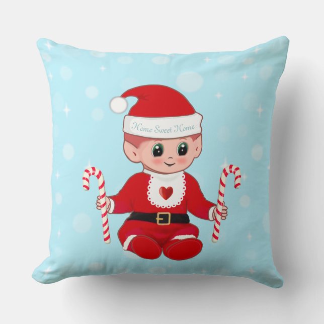 Christmas Santa Baby & Candy Canes on Light Blue Cushion (Front)