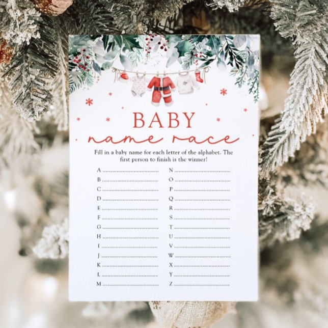 Christmas Santa Baby Name Race Baby Shower Game Invitation (Watercolor Cute Christmas Santa Baby Name Race Baby Shower Game)