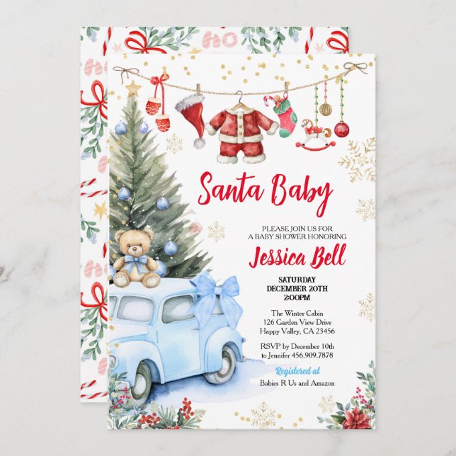 Christmas Santa Baby Shower Boy Blue Retro Car Invitation (Front/Back)