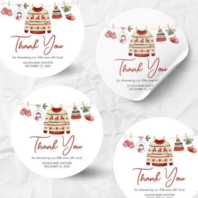 Christmas Santa Baby Shower Classic Round Sticker (Christmas Santa Baby Clothesline Baby Shower Sticker)