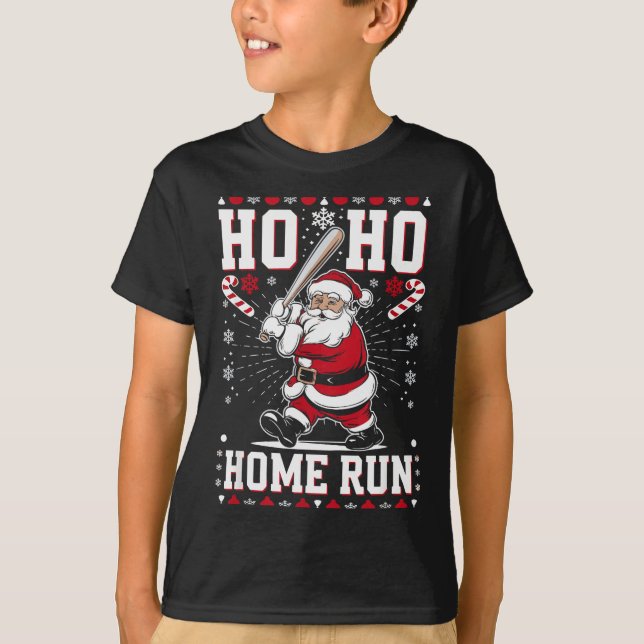 Christmas Santa Baseball Home Run Ho Ho Home Run , T-Shirt (Front)