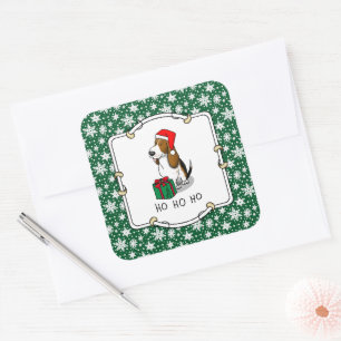 Christmas Santa Basset Hound (tri colour 1) Cute Square Sticker