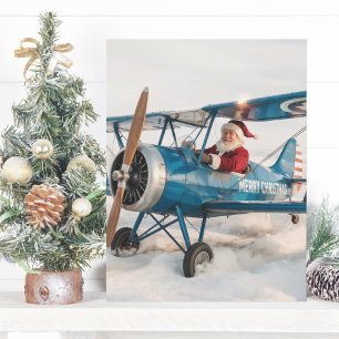 Christmas Santa Blue Biplane Airplane &Photo Funny Postcard