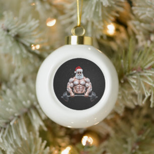 Christmas Santa Bodybuilder Weightlifting Gym Ceramic Ball Christmas Ornament