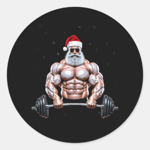 Christmas Santa Bodybuilder Weightlifting Gym Classic Round Sticker