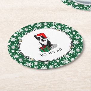Christmas Santa Boston Terrier (black) Cute Round Paper Coaster