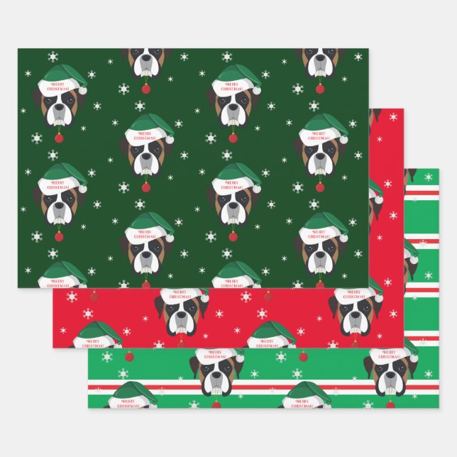 Christmas Santa Boxer Dog Snowflake Wrapping Paper Sheet (Set)