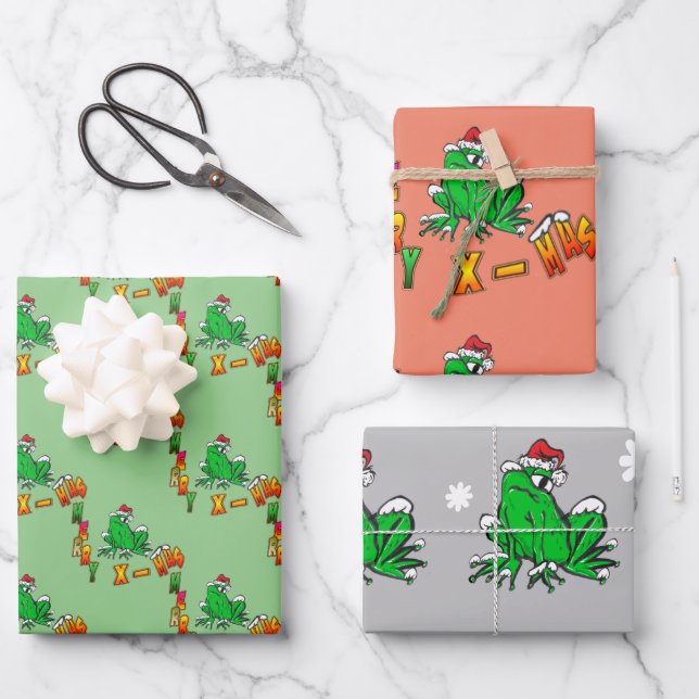 Christmas Santa Cartoon Frog Wrapping Paper Sheets (Front)