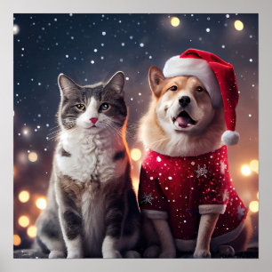 Christmas Santa Cat & Dog Friends Poster
