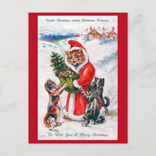 Christmas Santa Cat, Louis Wain Postcard