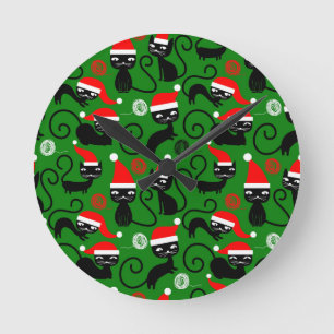 christmas santa cats round clock