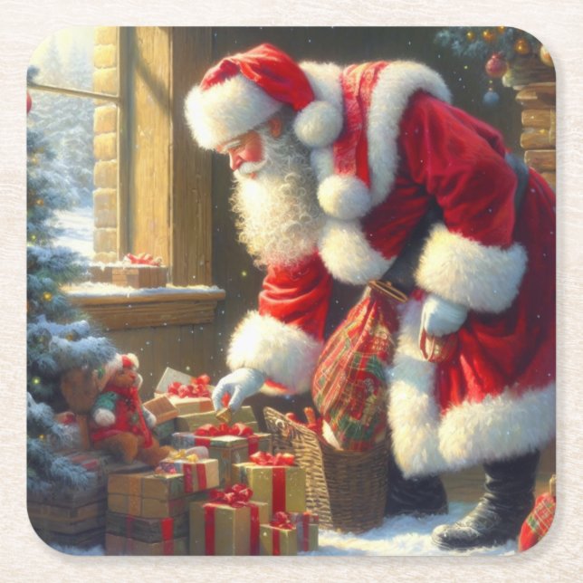Christmas Santa Claus 3 Square Paper Coaster (Front)