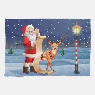 Christmas Santa Claus And Reindeer Tea Towel