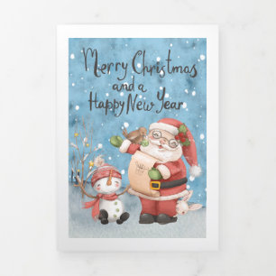 Christmas Santa Claus And Snowman Personalised Tri-Fold Holiday Card