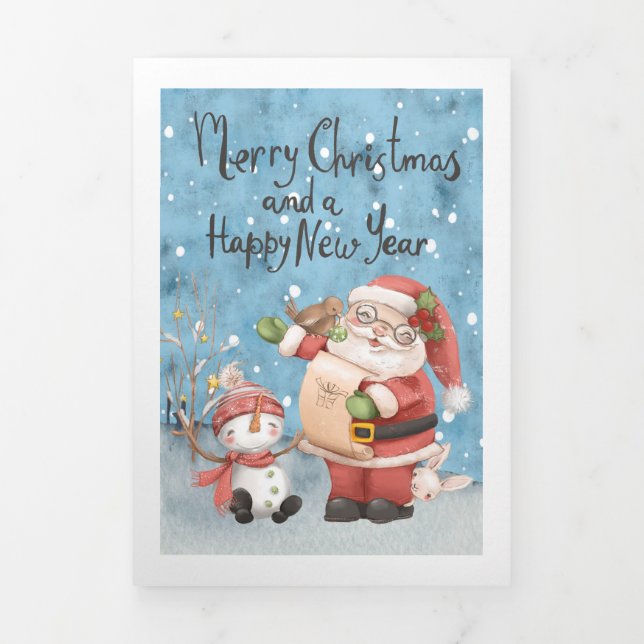Christmas Santa Claus And Snowman Personalised Tri-Fold Holiday Card (Cover)