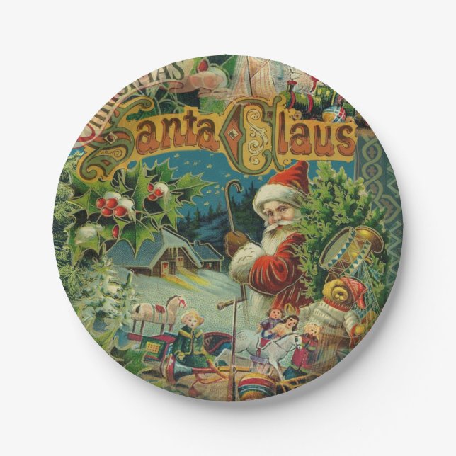 Christmas Santa Claus Antique Art Paper Plate (Front)