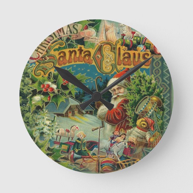 Christmas Santa Claus Antique Art Round Clock (Front)