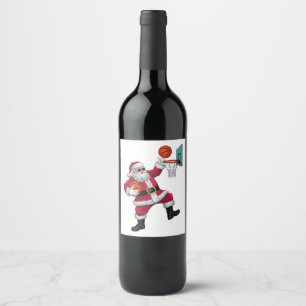Christmas Santa Claus Dunking A Basketball Xmas Wine Label