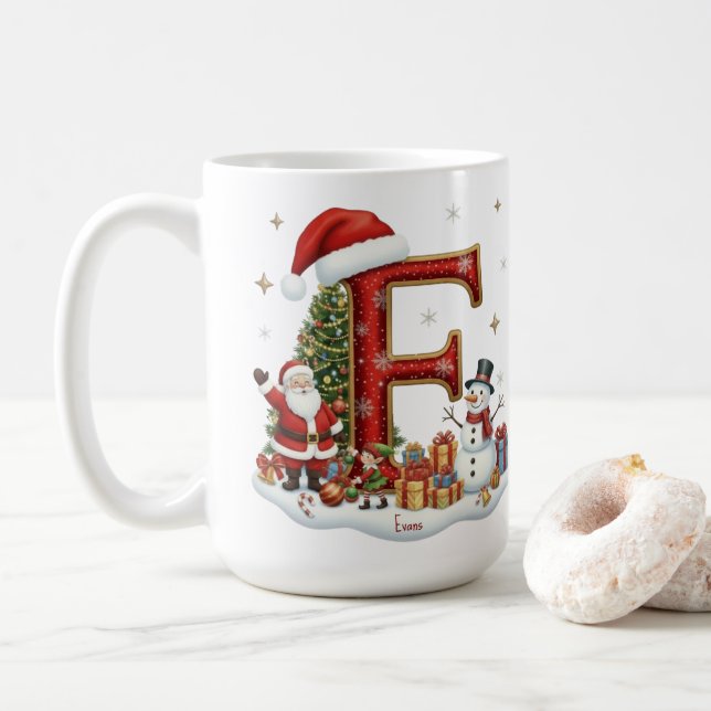 Christmas Santa Claus Elf Penguin Alphabet E Coffee Mug (With Donut)