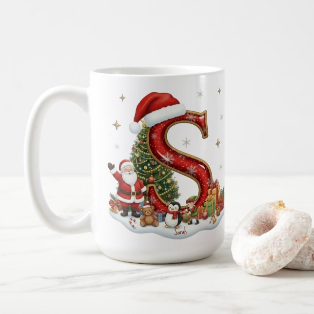 Christmas Santa Claus Elf Penguin Alphabet S Coffee Mug (With Donut)